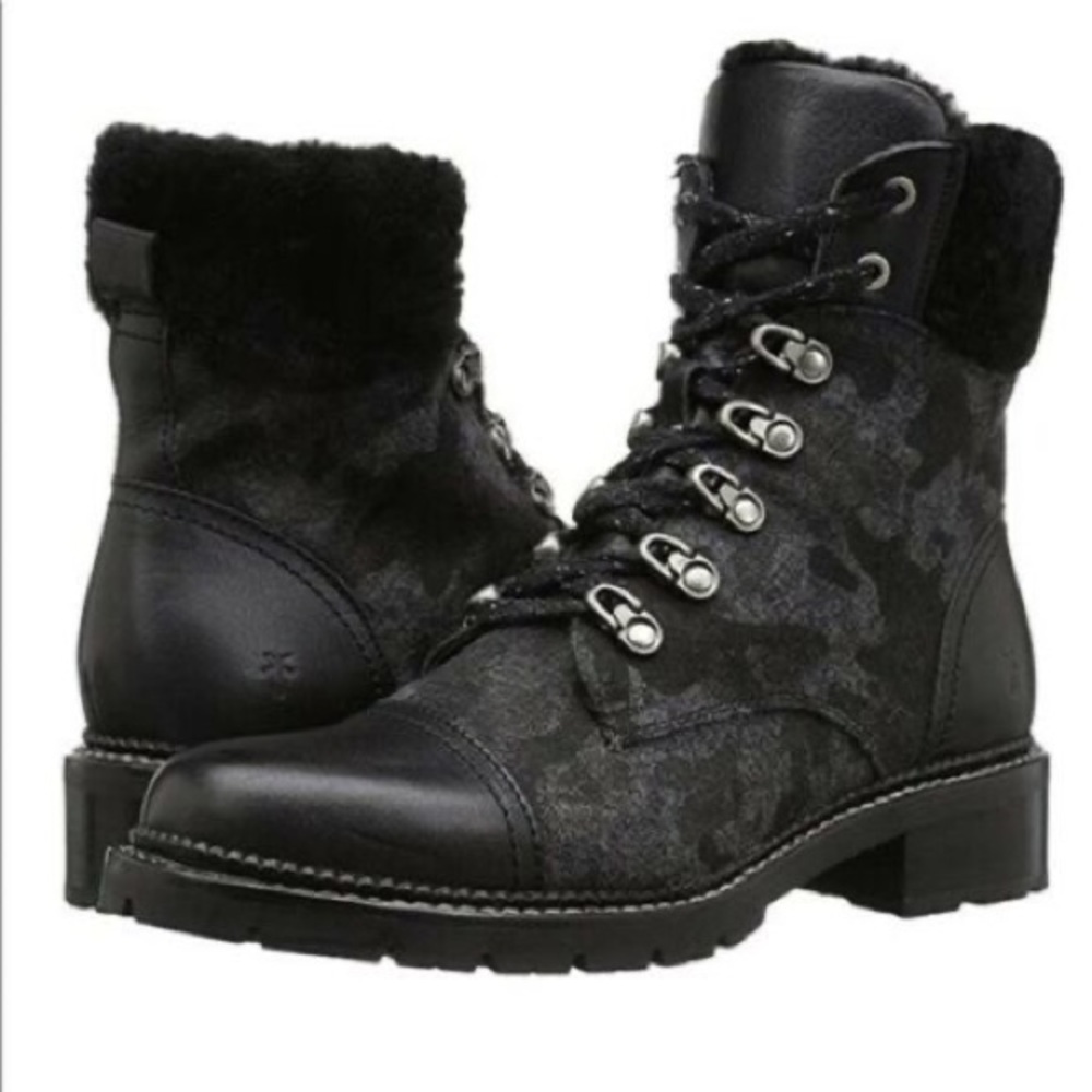 Frye black shearling fur Samantha hiker boots